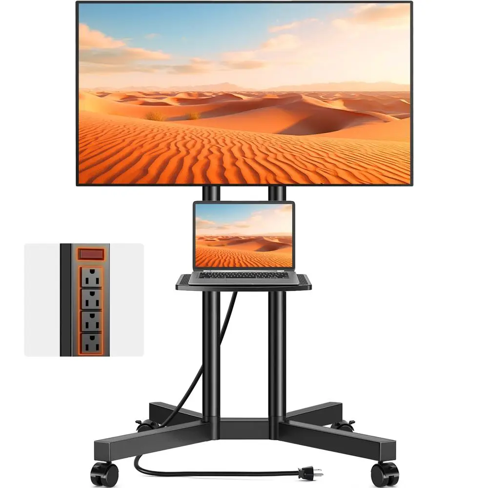 Soporte rodante para TV con toma de corriente para televisores de pantalla plana curva de 32 a 75 pulgadas LCD LED OLED hasta 4