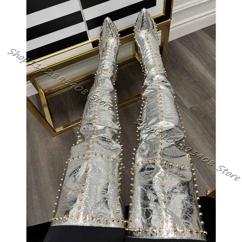 Gold Rivet Decor Over Knee Boots Glitter Pointed Toe Thin High Heels Shoes Women Autumn Fashion Boots 2023 Zapatos Para Mujere