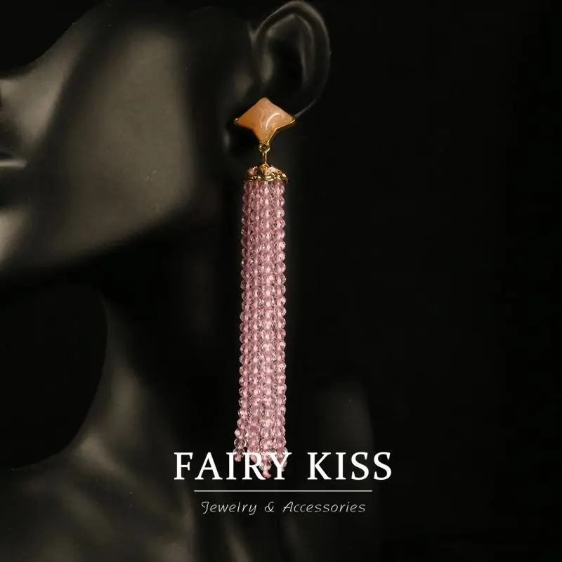 Elegant Fresh Sweet Pink Crystal Tassel Beads Long Sweep Shoulder Stud Earrings High-Grade Personalized Design All-Matching