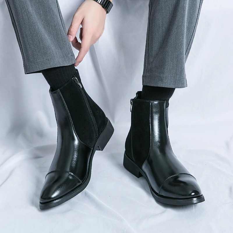 

Autumn Korean version of English style Chelsea boots with zipper three joint splicing business formal fashion casual short boots