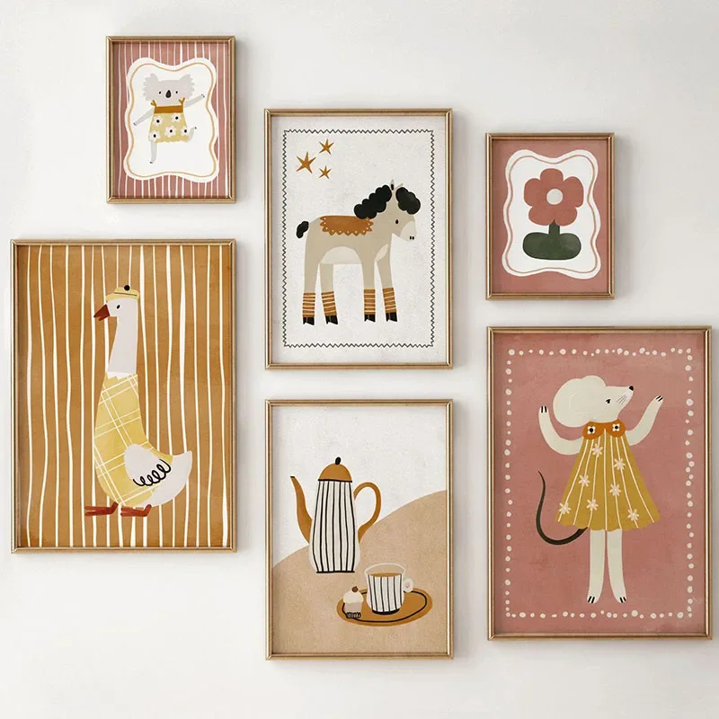 Mouse Goose Horse Koala Coffee Flower Wall Art Canvas Painting Cartoon Poster Print for Kids Room Bedroom Home Decor