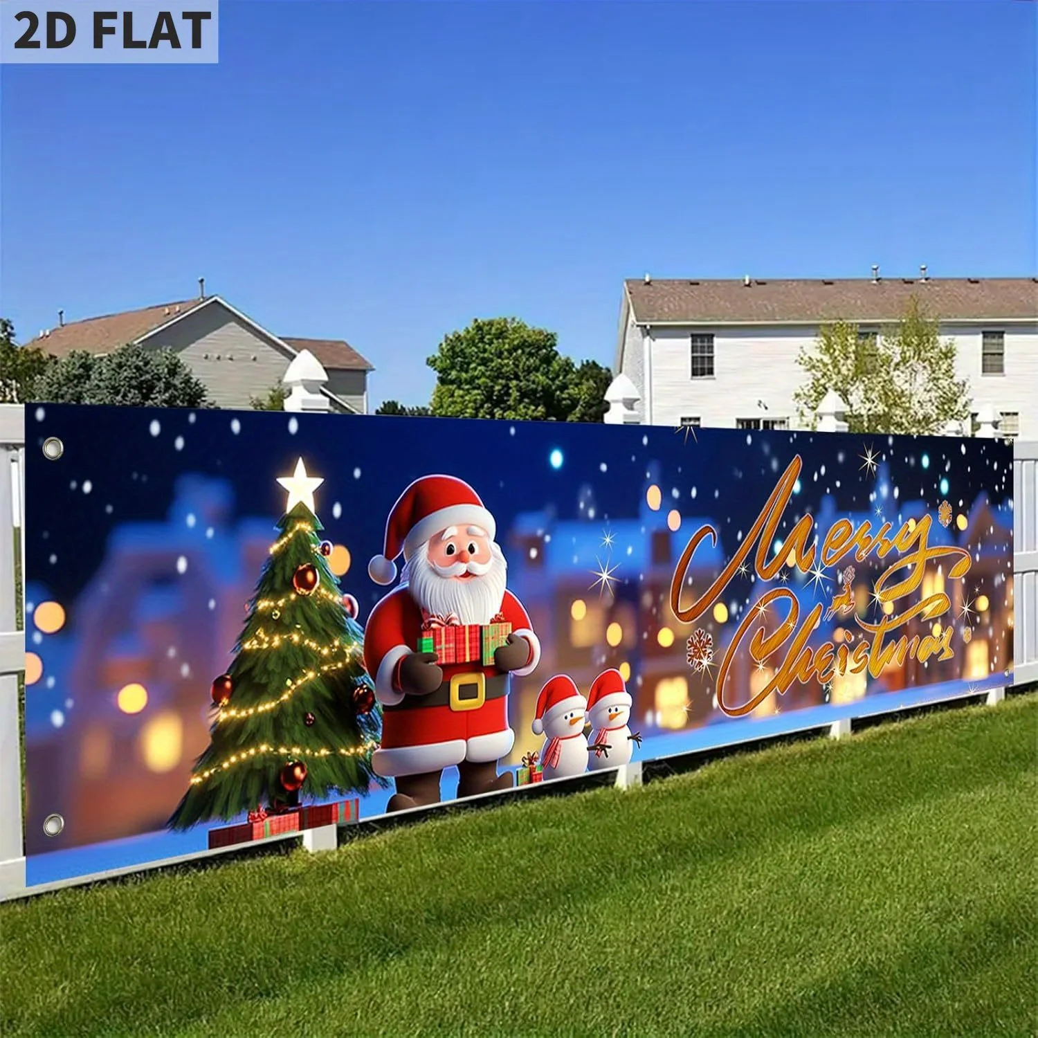 

Merry Christmas hanging Banner Santa Claus Christmas Decor, Xmas Backdrop with Snowman Tree Lights for Party Wall Yard Fence