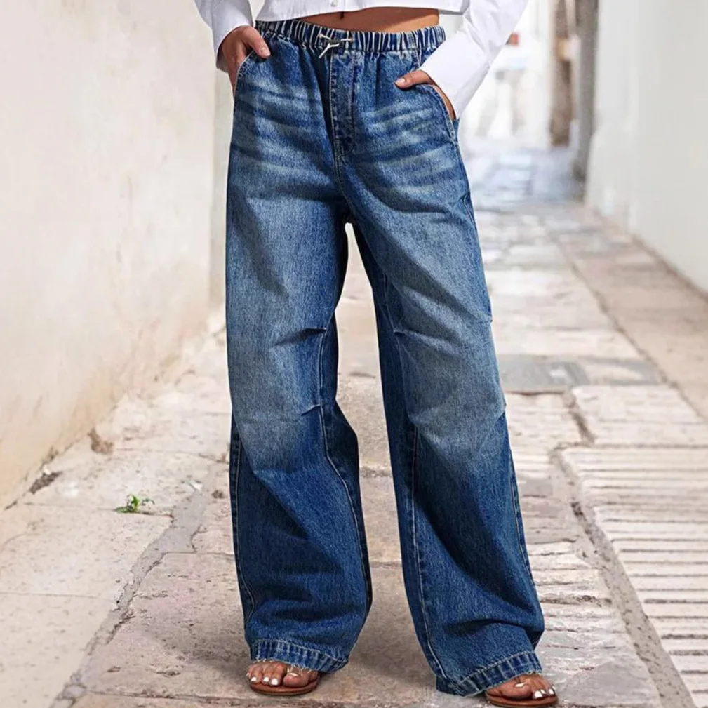 

Jeans Women Wide Leg Pants Straight Trousers Vintage Streetwear Elastic Waist Pockets Washed Distressed Floor Length 2025 Denims