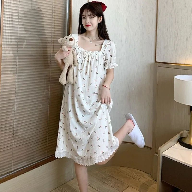 Summer Nightgowns Women Short Sleeve Nightdress Sleepshirt Floral Breathable Pajamas for Womens Home Clothes Sleepwear Plus Size