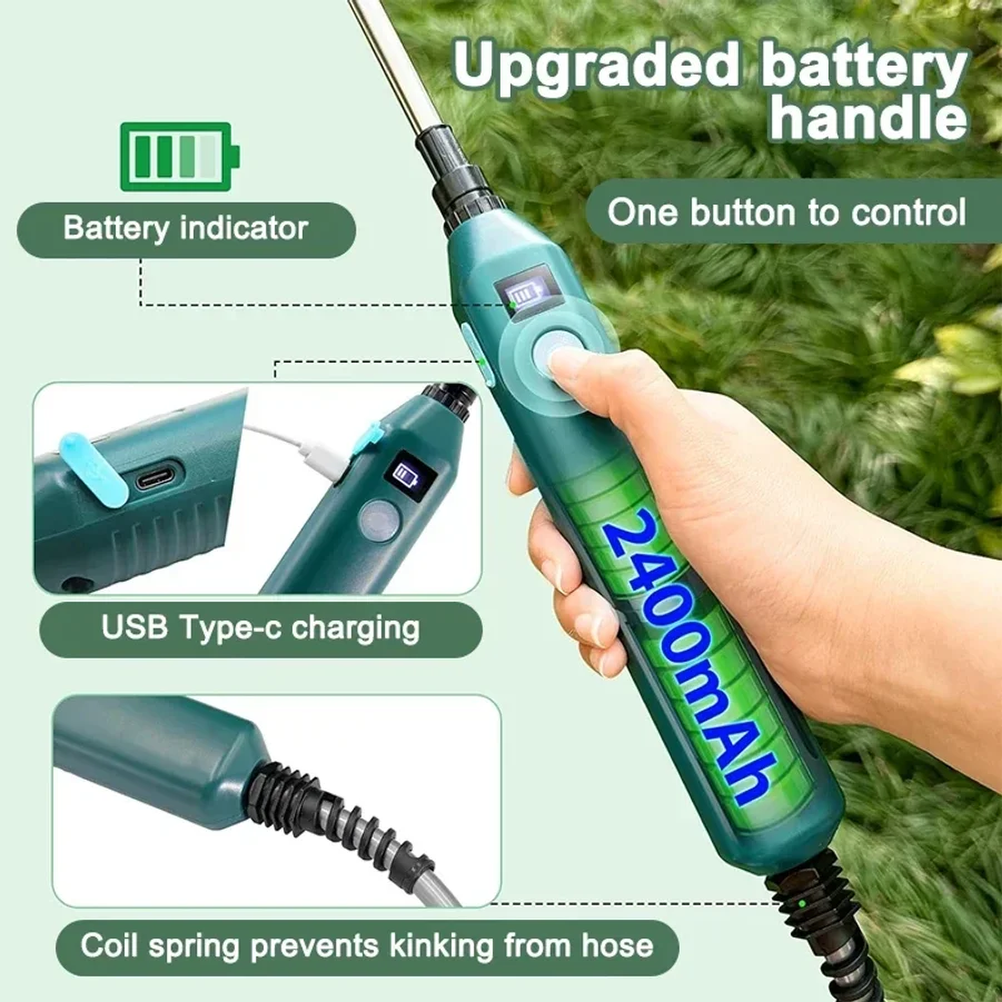 

2400mAh Electric Garden Sprayer, High Pressure Portable Gardening Tool with 3 Mist Nozzles for Plant Watering Irrigation