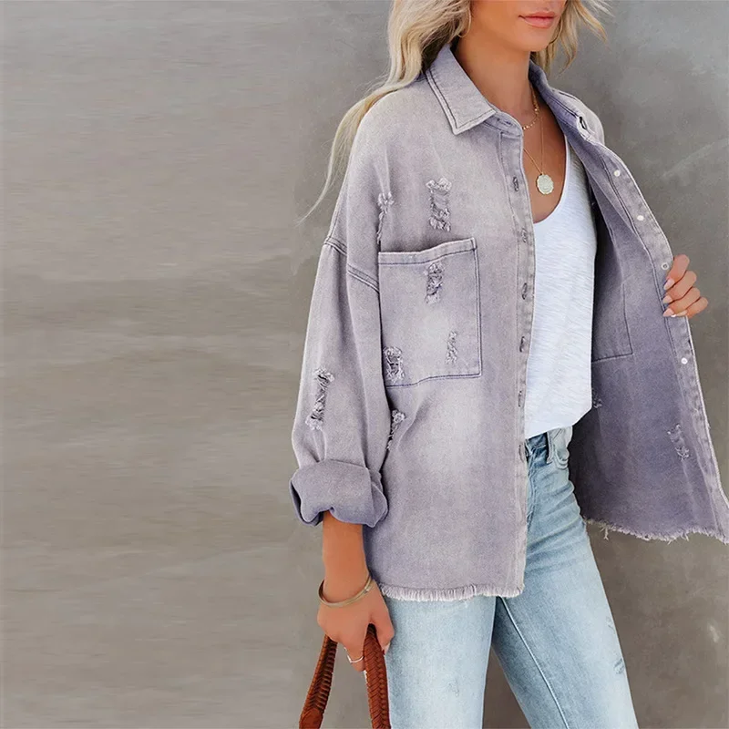 2024 Women's Splice Pocket Denim Jacket Fashion Sweety Color Long Sleeve Lapel Retro Broken Holes Coat Ladies Street Cowboy Tops