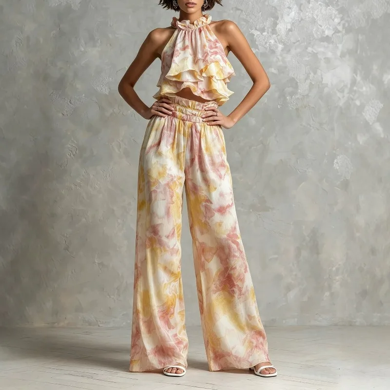 New Summer Collection Featuring European American Vacation-style Halter-neck Printed Top Pants Presenting Elegant Summer Outfit