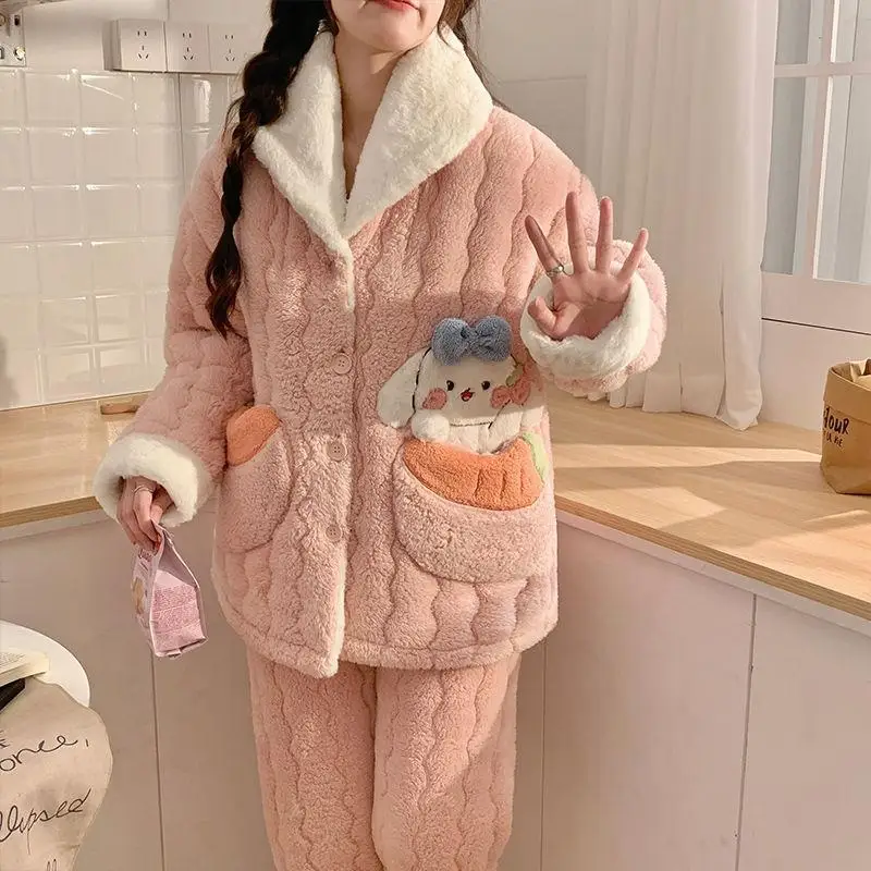 Miniso Flannel Flip Collar Thickening Three Layer Cotton Pajama Set Kawaii Cinnamoroll Comic Girl Winter Keep Warm Home Clothes