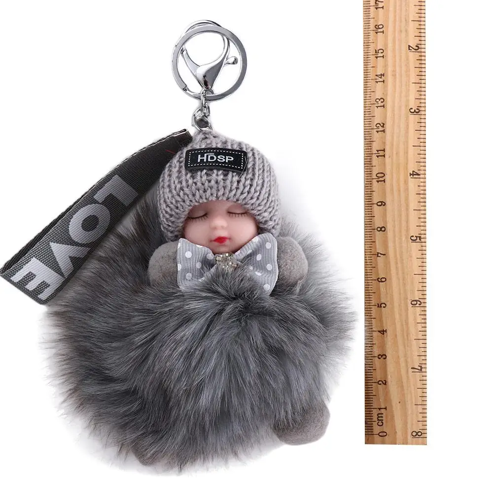 Colorful Ball Pendant Backpack Cars Key Ring Bag Pendant Sleeping Baby Doll Fluffy Plush Doll Pompom Keyring Plush Keychain