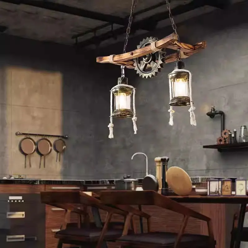 American Vintage Chandelier Ceiling Lamp Retro Cafe Bar Restaurant Wooden Loft Pendant Lamp Gear Industrial Glass Light