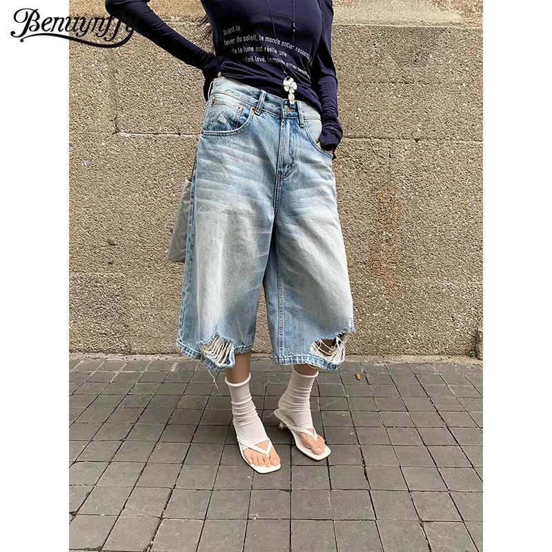 Benuynffy American Style Fringed Ripped Jeans Women 2026 Summer New 2000s Streetwear Casual Loose Wide Leg Cropped Denim Pants