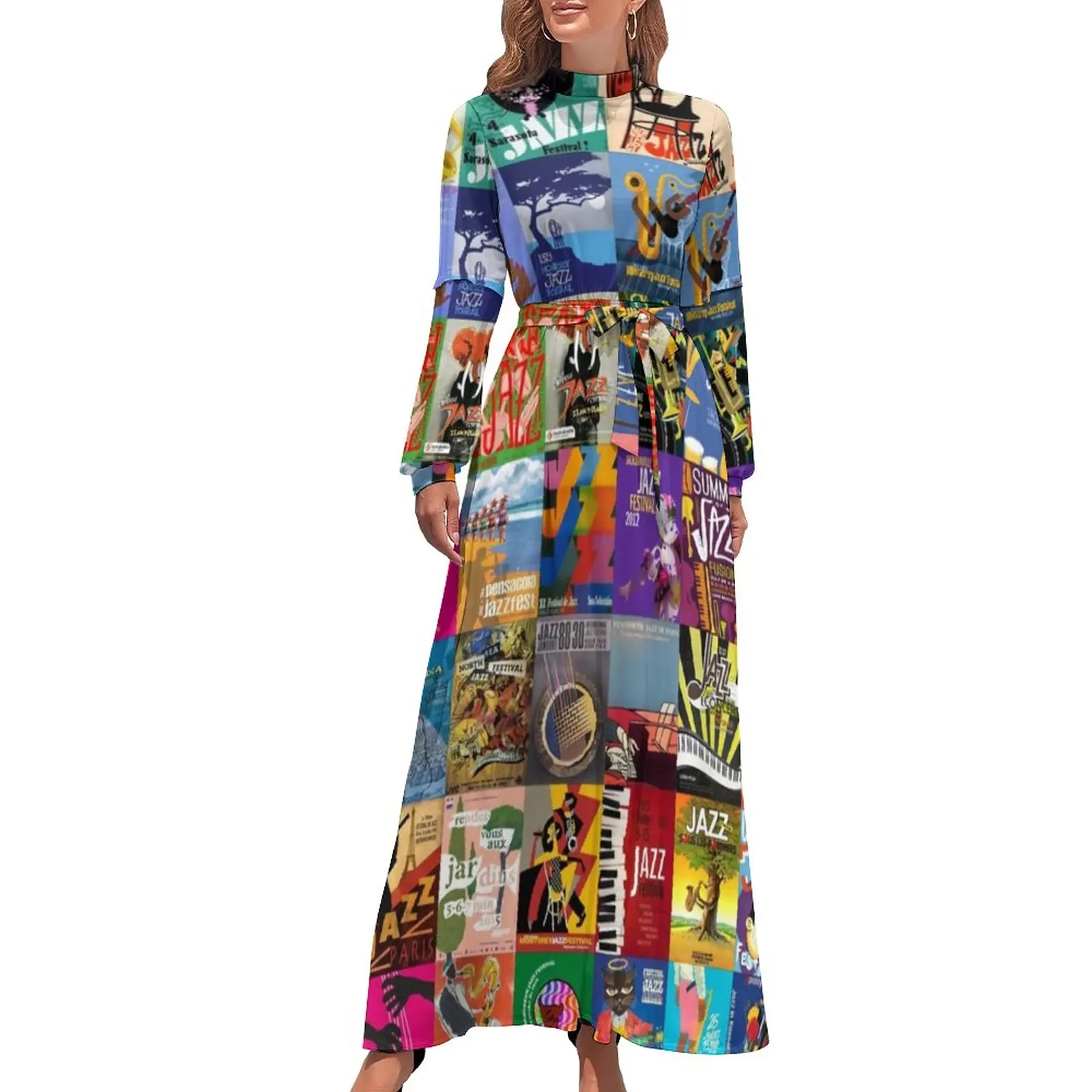 Jazz Festivals Dress High Waist New Orleans Music Printed Beach Dresses Long Sleeve Aesthetic Long Maxi Dress Trendy Clothing