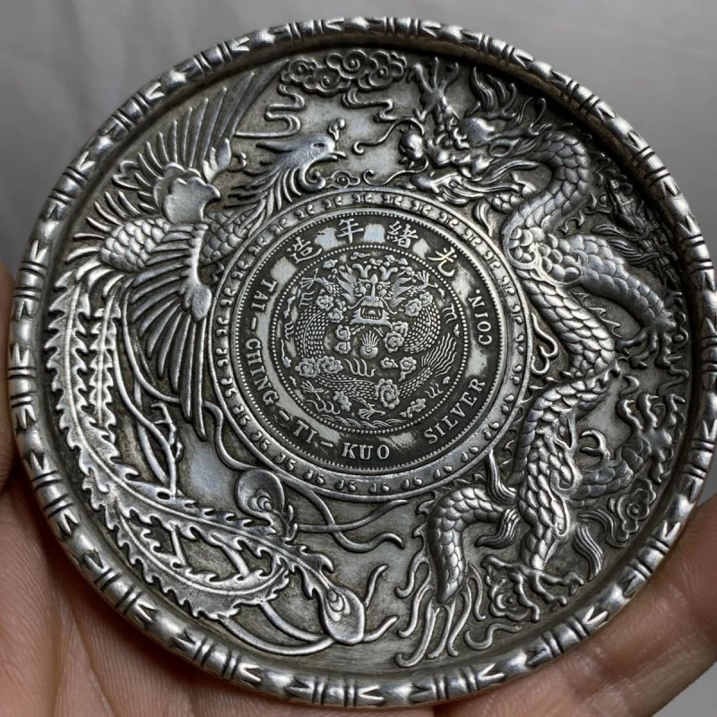 Disco de cobre de plata de 9cm de alto relief4, accesorio de bronce antiguo, Qing Qianlong, corte de año, dragón real y Fénix