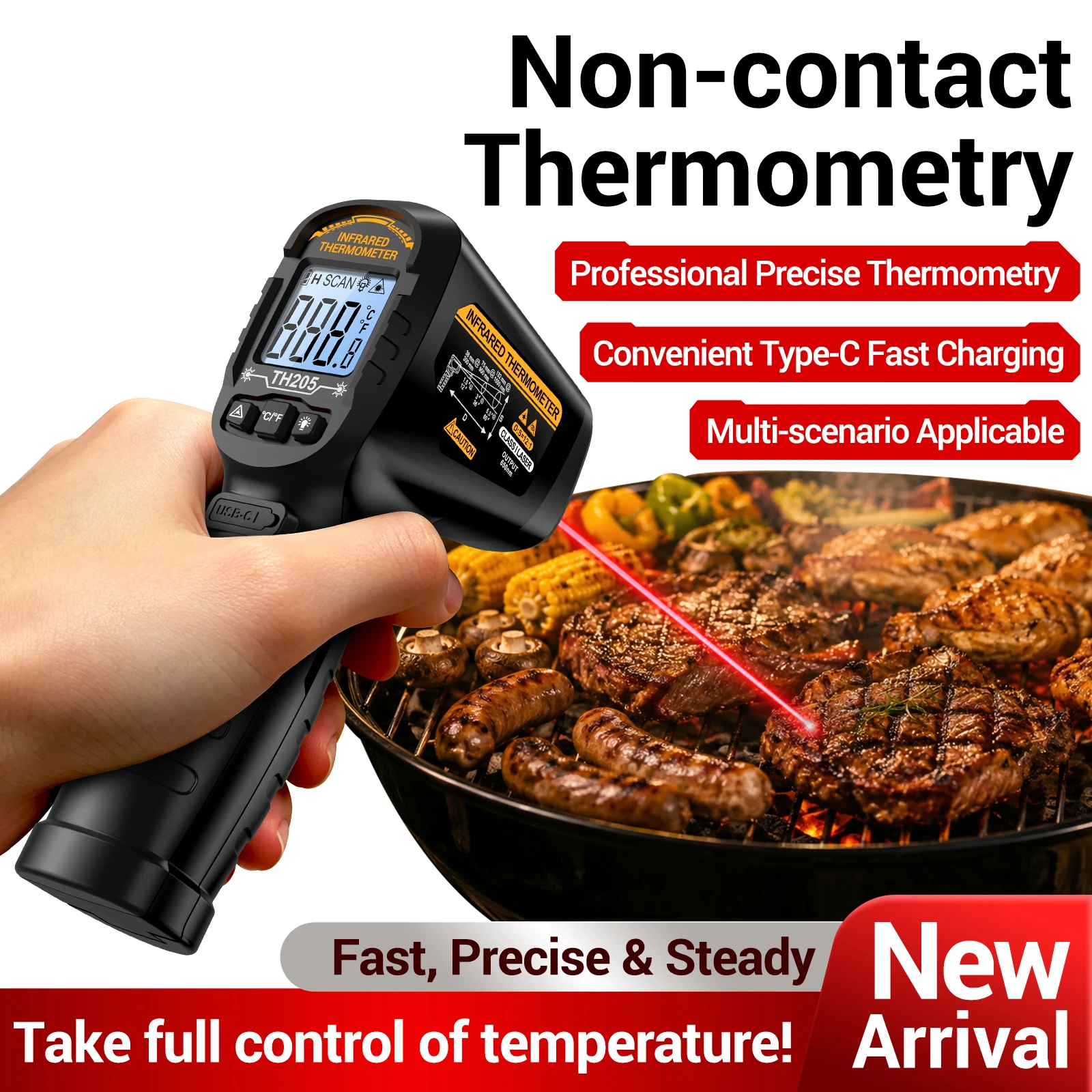 ANENG TH205 IR Temp Gun -50‑400℃ 12:1 D:S Laser Aiming Backlight Screen Data‑Hold ℃/℉ Switch Rechargeable BBQ Industrial Tool