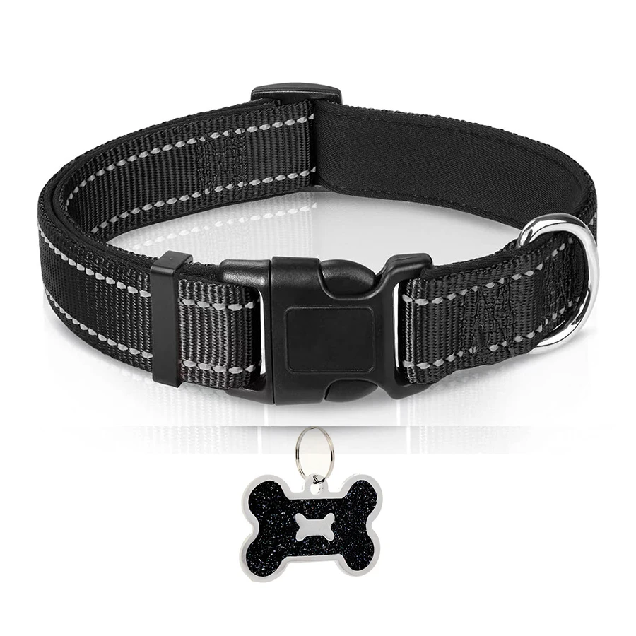 Dog Collar Nylon Soft Padded Adjustable Breathable Durable Comfortable Reflective Pet Collar for Small Medium Large Dog Bone Tag