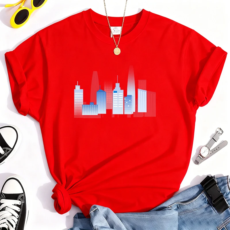 تي شيرت 100% من القطن الخالص مطبوع عليه بناء المدينة برقبة دائرية، قميص كاجوال بأكمام قصيرة كل يوم لجميع المواسم، ملابس نسائية