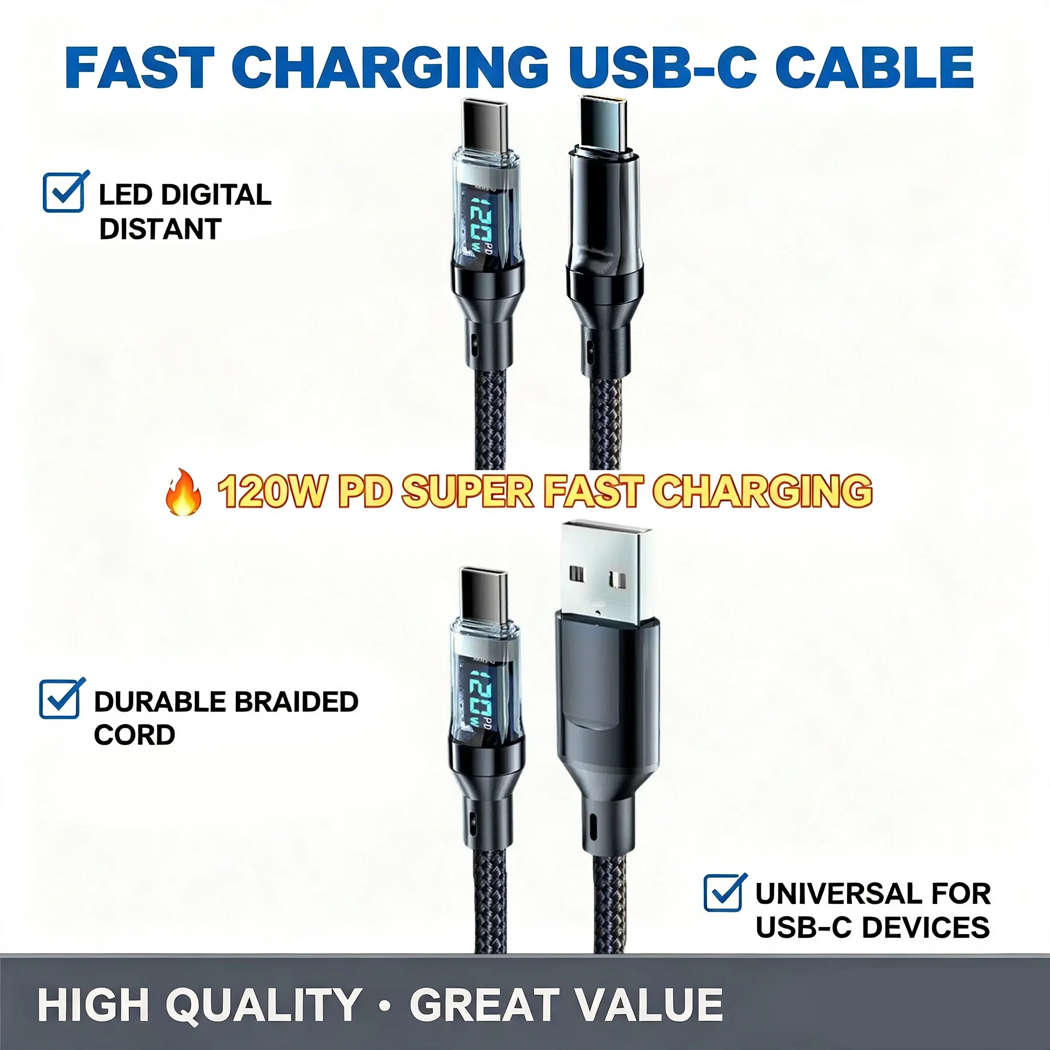 100W USB C 120W USB A Charging Cables with LED Display Screen, USB C=C-C，USB A=A-C, Not For Xiaomi For iPhone For Samsung