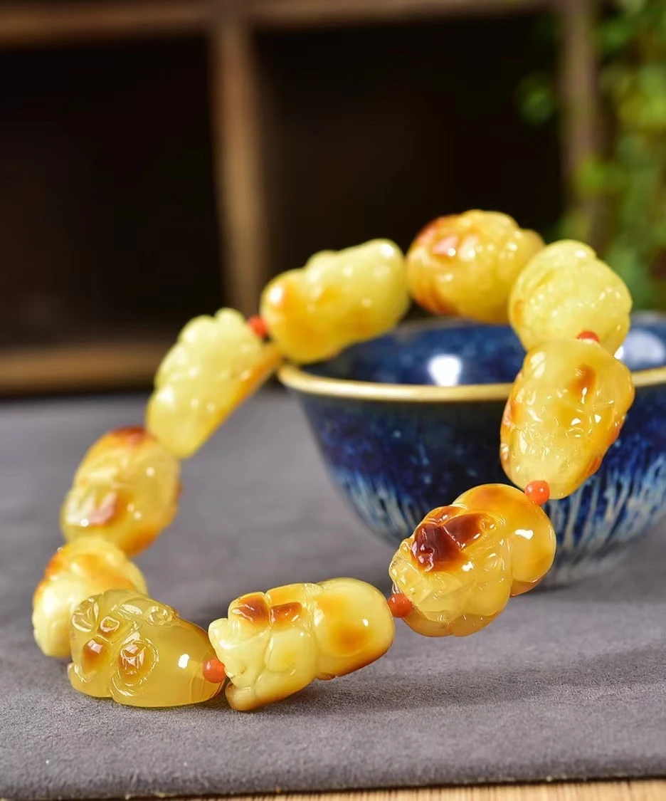 Natural Yellow Amber Round Beads Bracelet 14.5x20.5mm Gemstone Women Men Healing Stretch Amber Jewelry AAAAAA