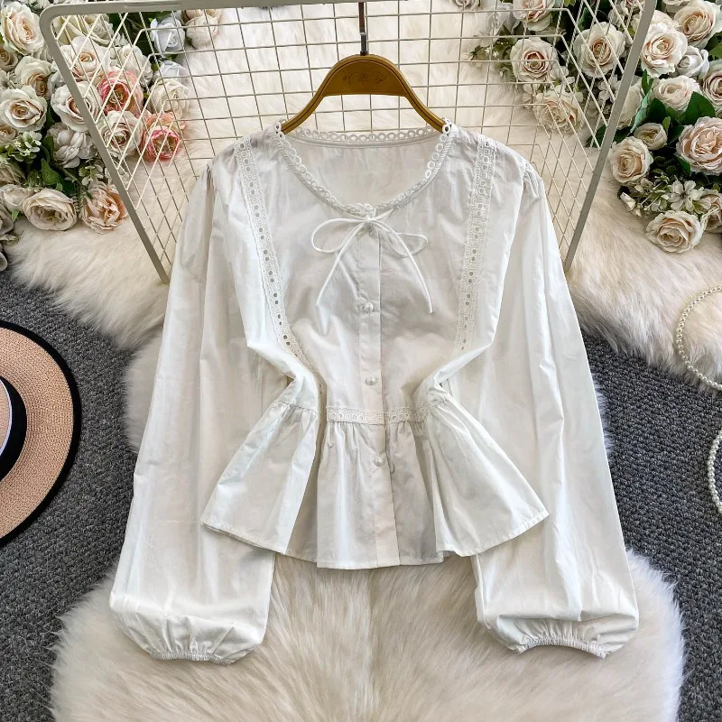 بلوزات حلوة تفريغ الدانتيل الصلبة ربيع الخريف امرأة قمصان الكورية موضة أنيقة شيك الكشكشة Blusas Mujer