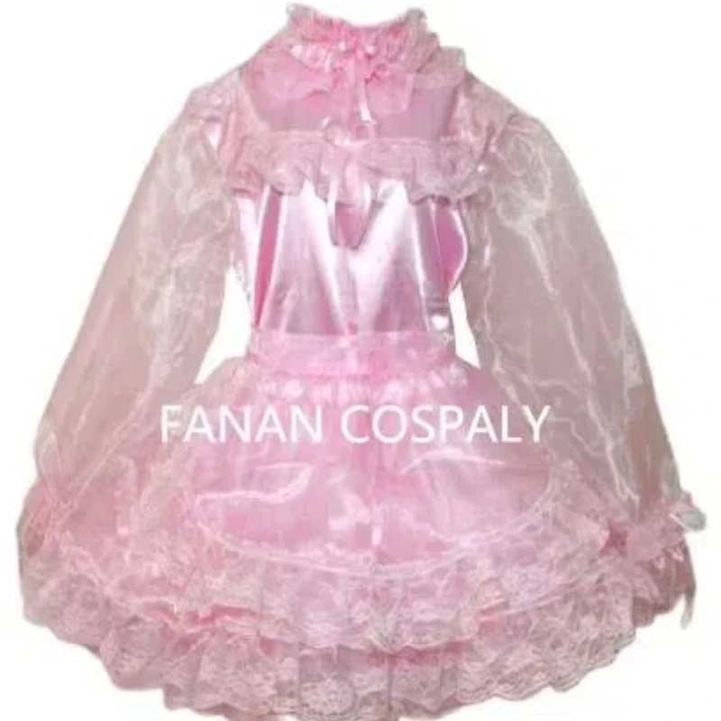 Multicolor Adult Giant Baby Sexy Girl Pink Thin Silk Sissy Organza Long Sleeve Dress Japanese Maid Role Playing Customization