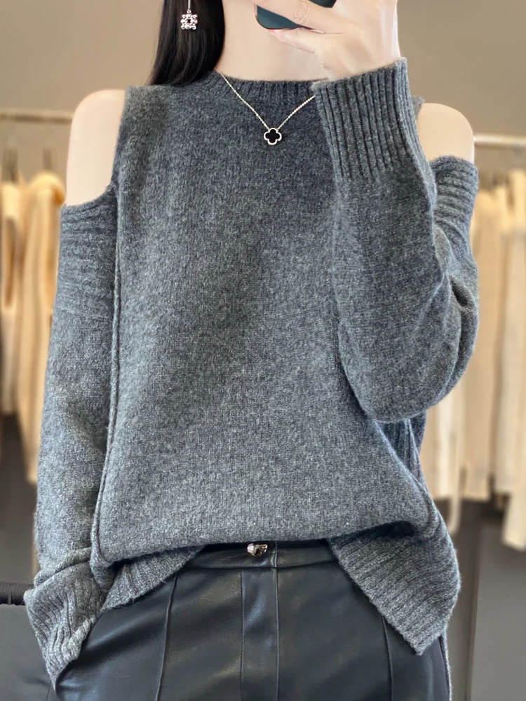 Women's Wool Sweater Pullover O-neck Off Shoulder Tops Autumn Winter Long Sleeve 100% Merino Wool Knitwear Soft Cashmere Clothes