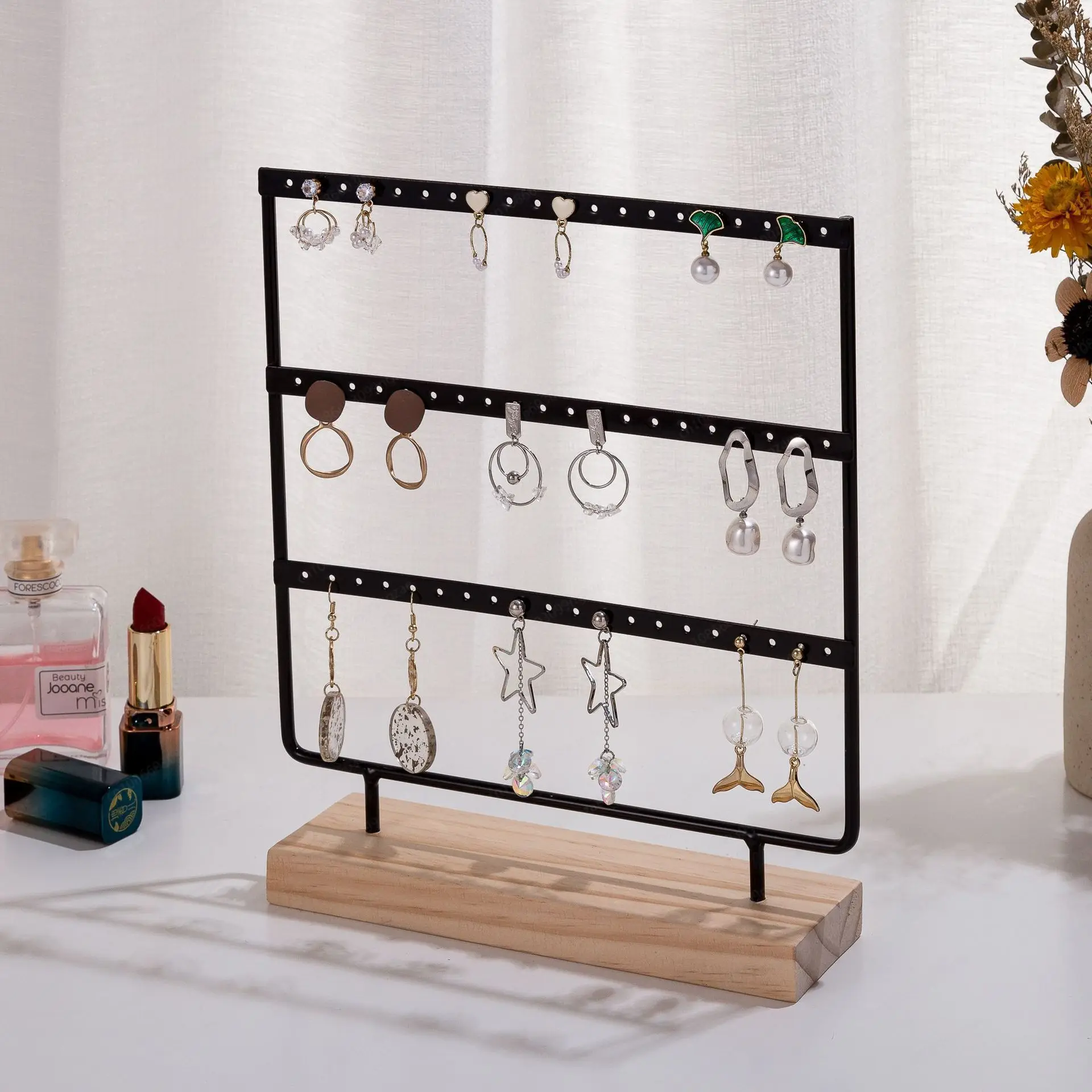(excluding Jewelry) Hot-selling Wrought Iron Earring Rack, Three-layer 60-hole Jewelry Earring Storage Hanger, Jewelry Rack