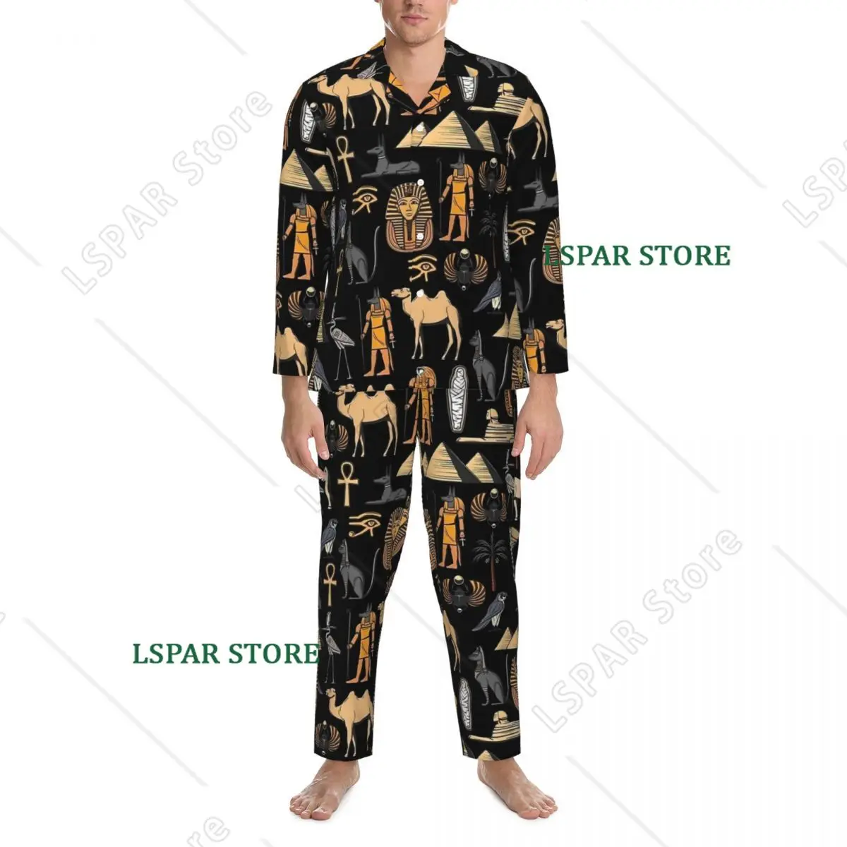 Pajamas Male Ancient Egyptian Art Room Nightwear History of Egypt 2 Pieces Pajama Sets Long Sleeves Soft Oversized Home Suit