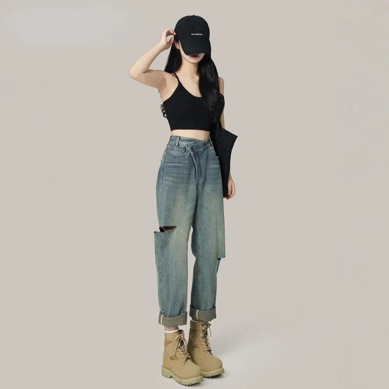 

Women's Fashion High Waist Ripped Harem Jeans Spring Summer 2024 Street School Trousers Wild Denim Washed Solid Color Pants L263