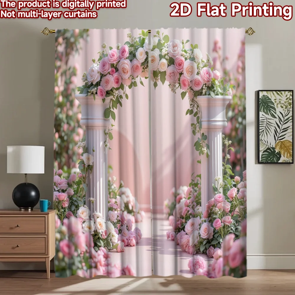 2D flat 2pcs Curtain Retro Country Style Wedding Pink Rose Arch Durable polyester fiber Party Decorations Perfect for Entryway