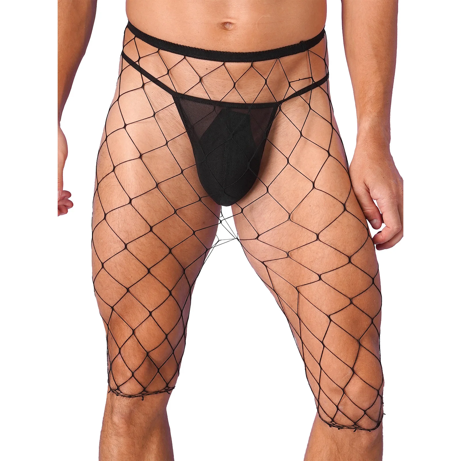 Mens Sexy Fishnet Mesh See-through Hot Pants High Waist Knee Length Stretchy Leggings for Pool Party Rave Nightclub Nightwear