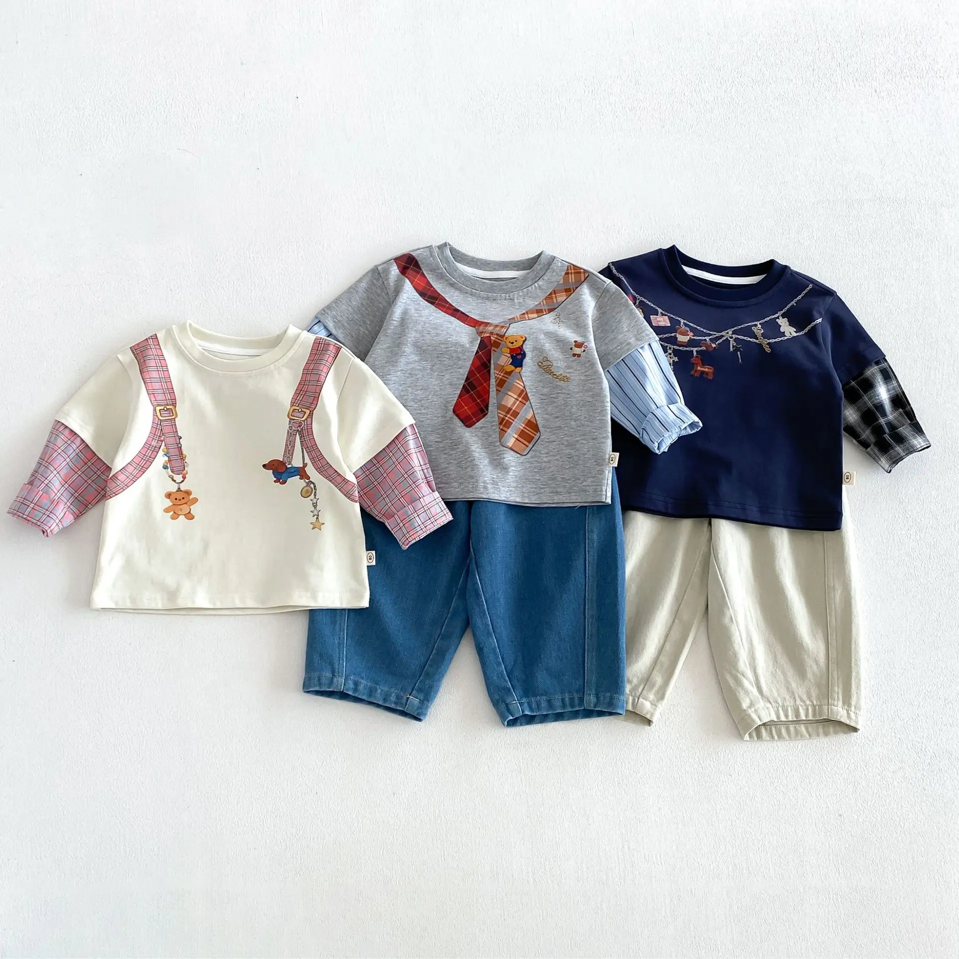 Boys' Fashionable Long Sleeved T-shirt 2026 New Autumn Baby Fake Two-piece Cartoon Base Shirt Children's Korean Version Top