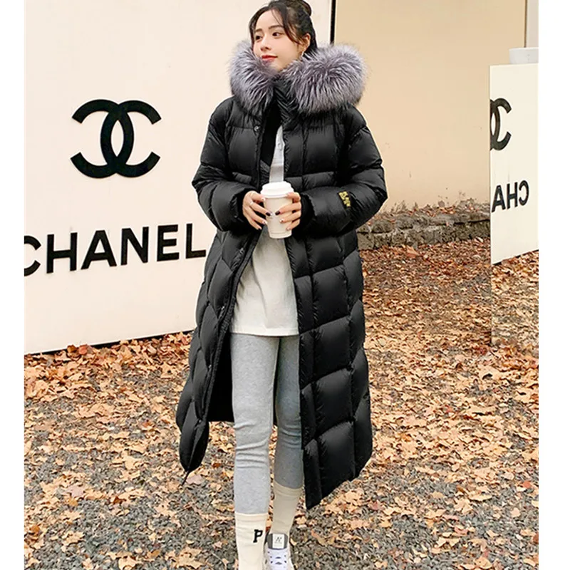 Jaqueta de penas de ganso de alta qualidade feminina inverno 2025 nova gola de pele de raposa casaco com capuz preto feminino grosso longo parker casaco