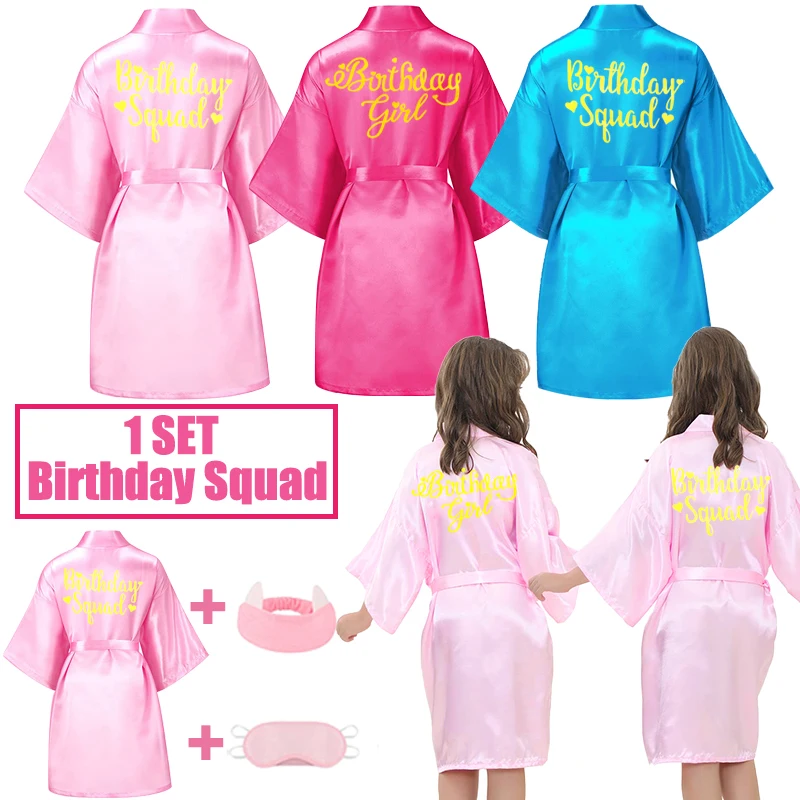 1 Set Birthday Squad Spa Party Gowns Robe for Girls Kids Birthday Party Favors Kimono Girls Satin Robe Hot Pink Party Decoration