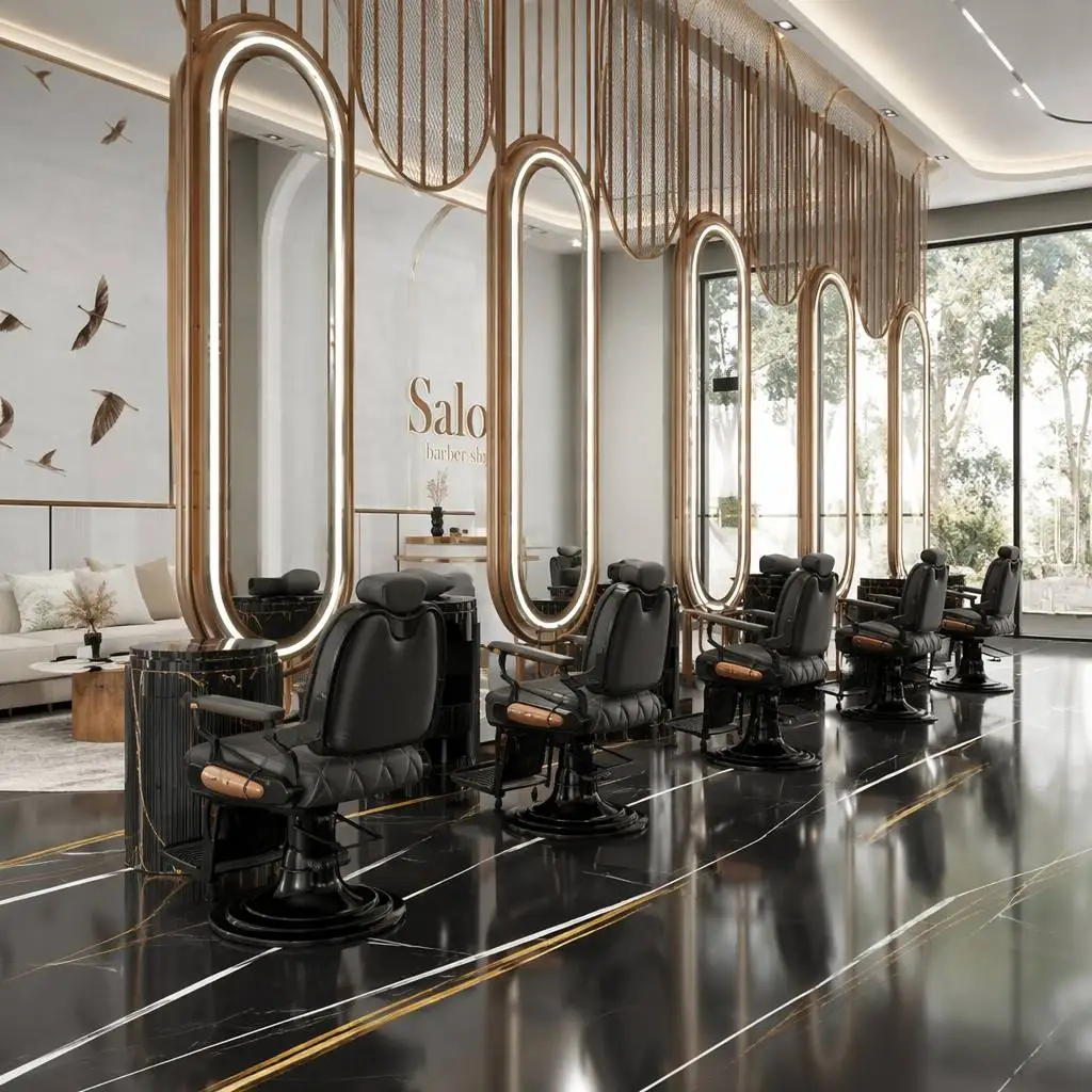 Modern Light Luxury Hair Salon Full Interior Design Champagne Gold Metal Partition Curved Reception Desk Barbershop Furniture