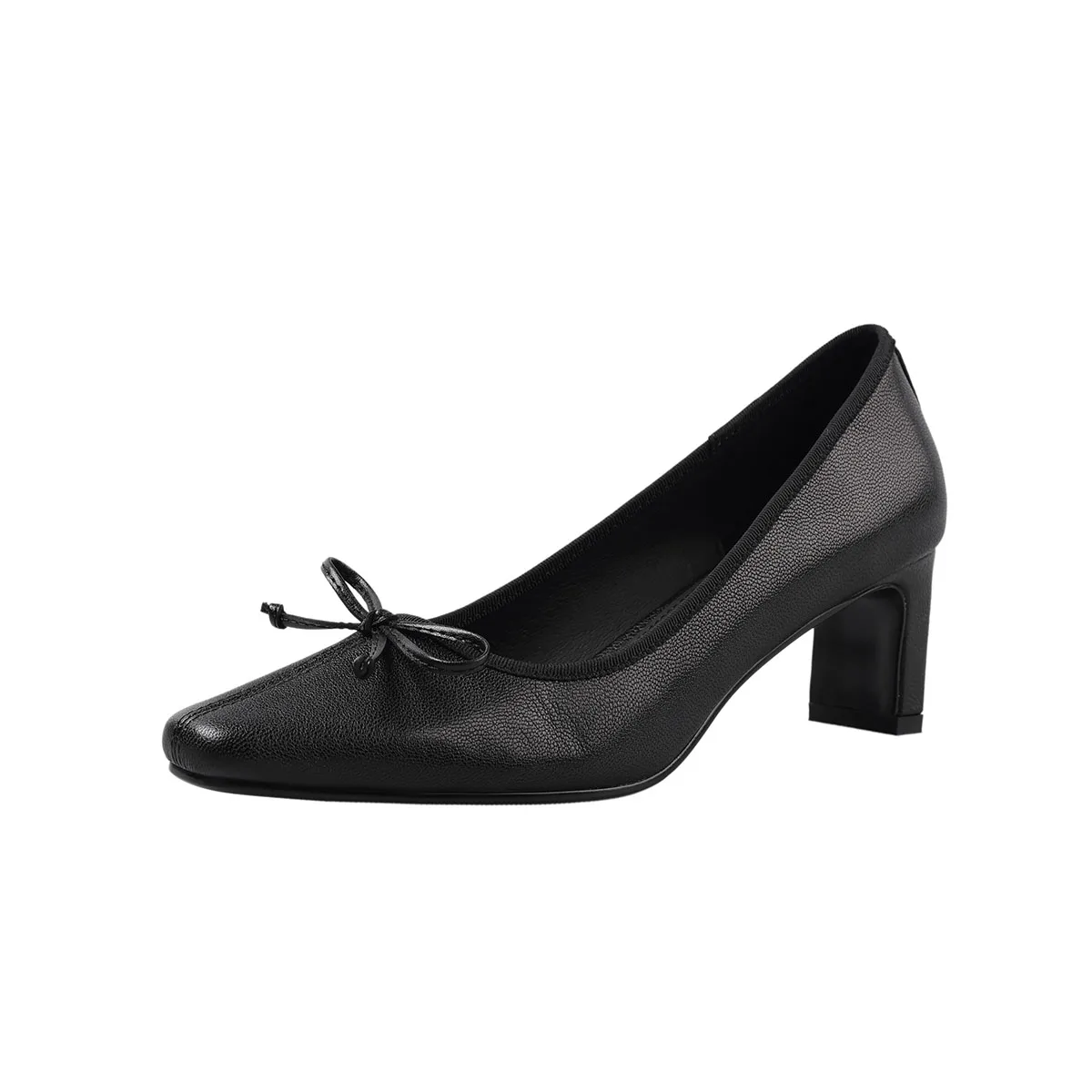 Arden Furtado 2025 Spring sheepskin square toe pull-on Chunky heels bowknot Pumps Large size commute Shallow Single shoe