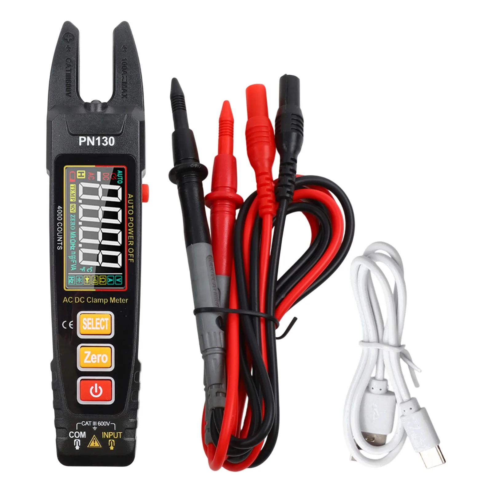 PN130 Digital U-shaped Clamp Meter Smart VA Color Screen Multimeter Rechargeable With Test Leads Charging Cable