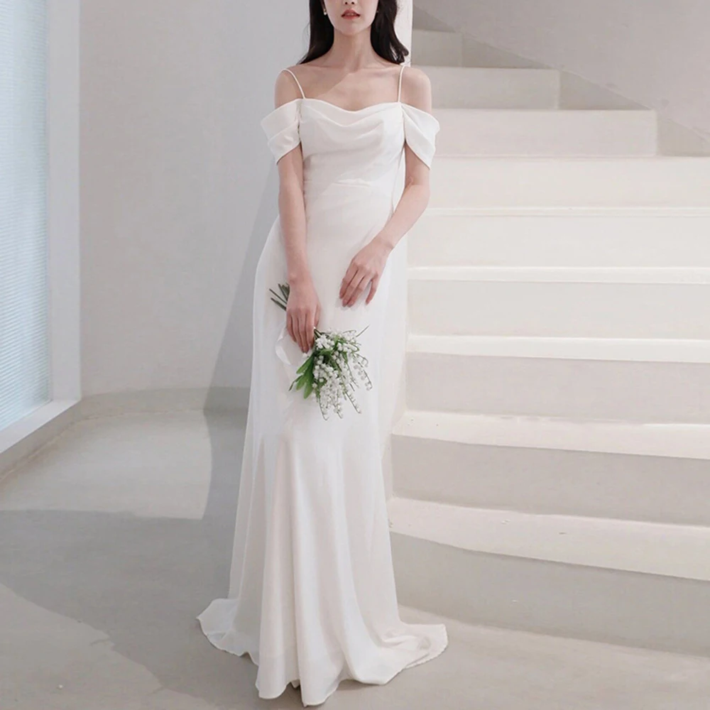 

Elegant Women's Engagement Dress Solid White Off Shoulder Straps Floor Length A-line Evening Dress Female Luxury Party Gown