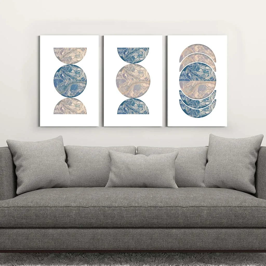 

Minimalist Wall Art Abstract Blue Beige Geometric Half Circle Canvas Painting Poster for Home Office Wall Decor