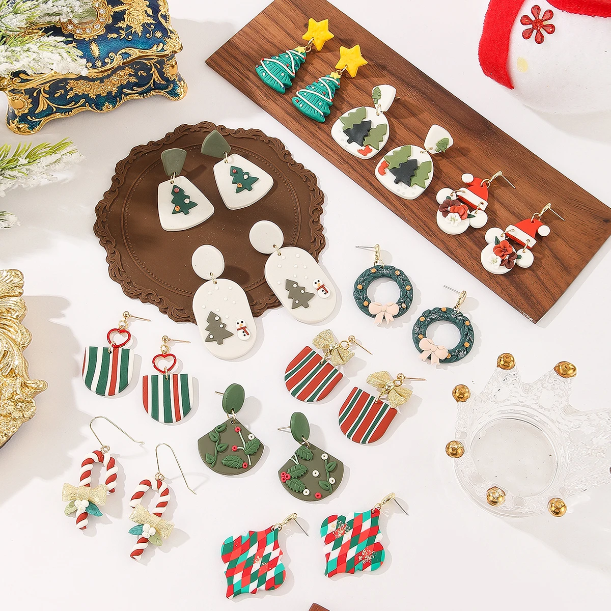 Polymer Clay Christmas Earrings SnowmanTree Wreath Candy Cane Striped Stocking Statement Dangle Drops for Women Holiday Gift