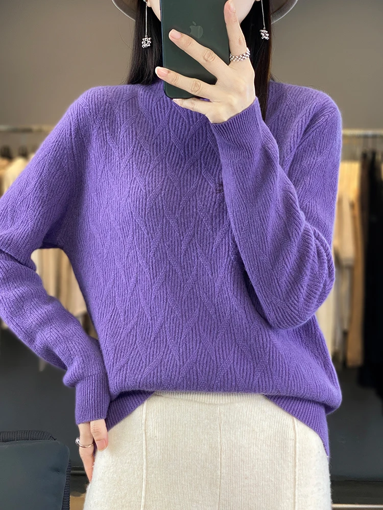 2023 New Women Sweater Autumn Winter Mock Neck Long Sleeve Pullover 100% Merino Wool Twist Basic Cashmere Knitted Female Clothes