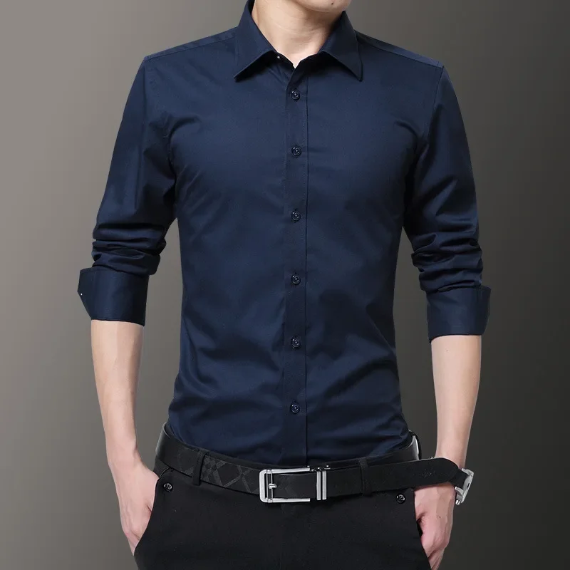 Spring Autumn Men White Shirt Long-sleeved Solid Color Business Lapel Formal Shirt Male Plus Size 8XL Black Light Blue Navy