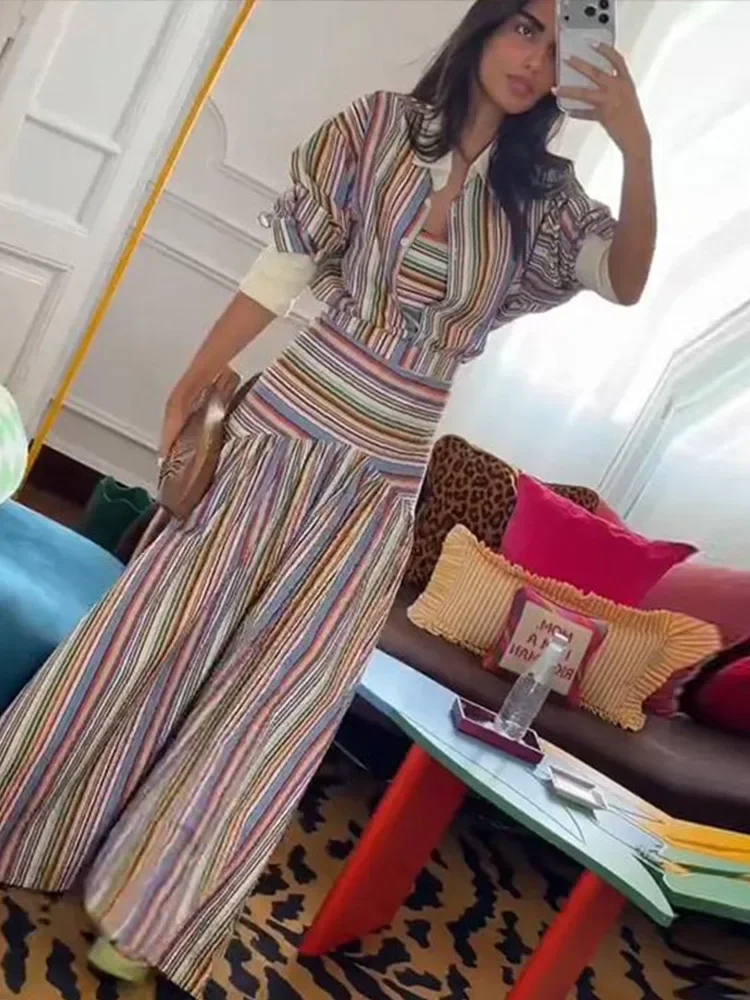 Boho Colorful Stripe Shirt Maxi Dress Sets Turndown Collar Single Breasted Fitted Long Sleeve Flowy Women Dresses 2026 Outfits view 3