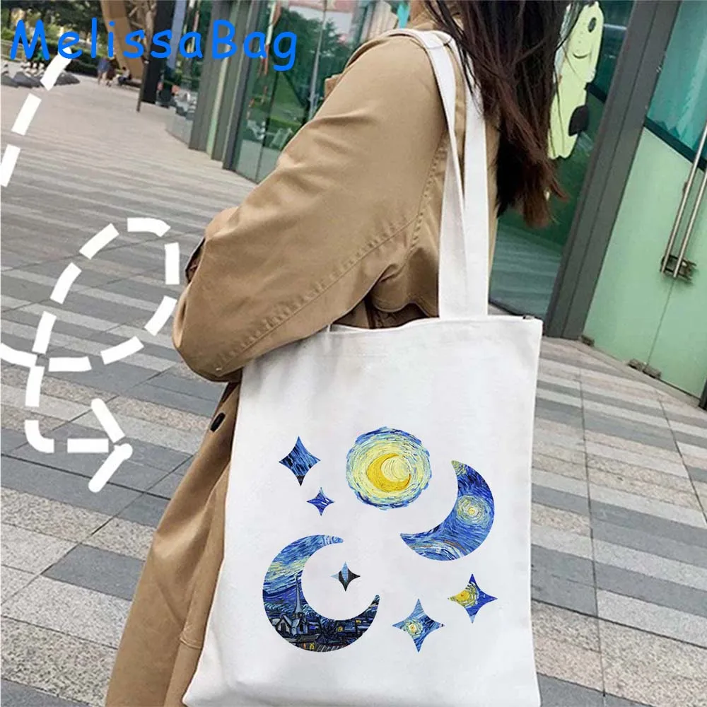 Cute Van Gogh Painting Women Canvas Shoulder Bag Totes Bag Aesthetics Sunflower Shopping Cotton Handbag Starry Night Books Bags