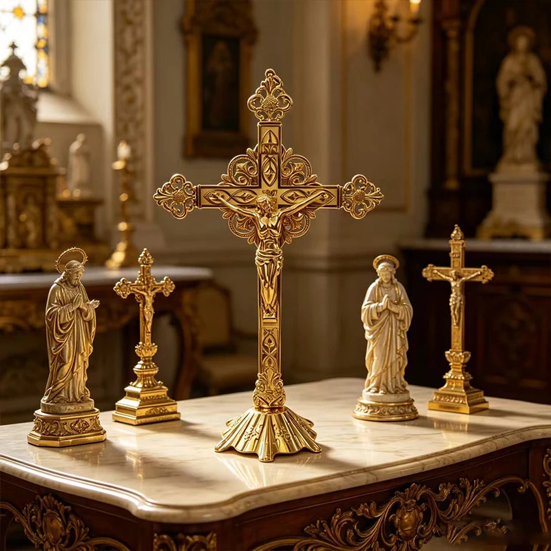 

New 2026 Luxury Gold Tone Church Altar Standing Cross with Jesus Crucifix for Religious Ceremonies and Home Prayer Decor Gift