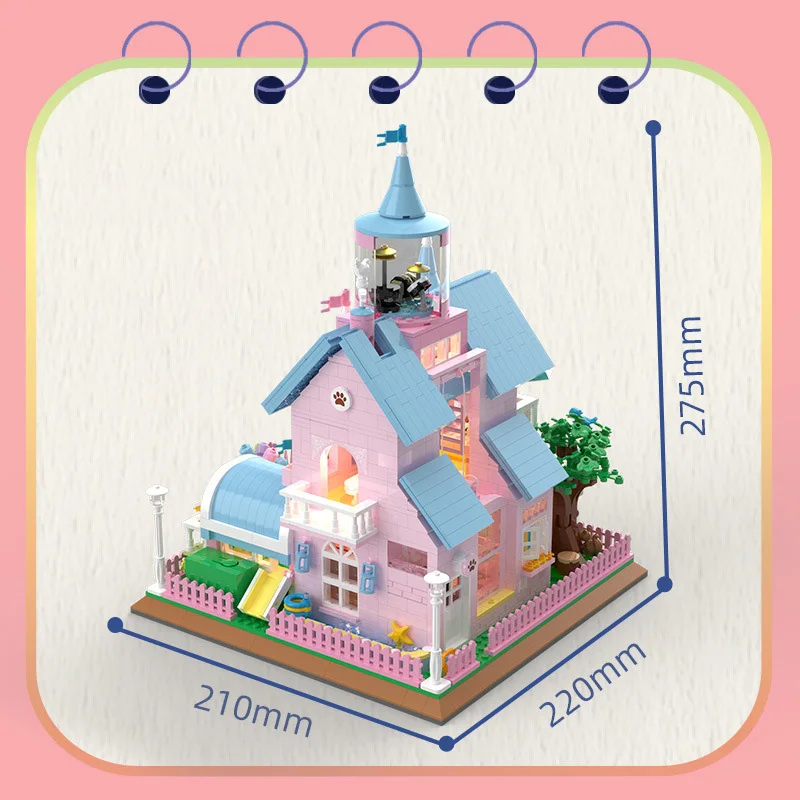 Modèle de construction de villa de château rose pour filles, briques de construction, ville créative, vue sur la rue, mini nuits, jouets de collection pour cadeaux