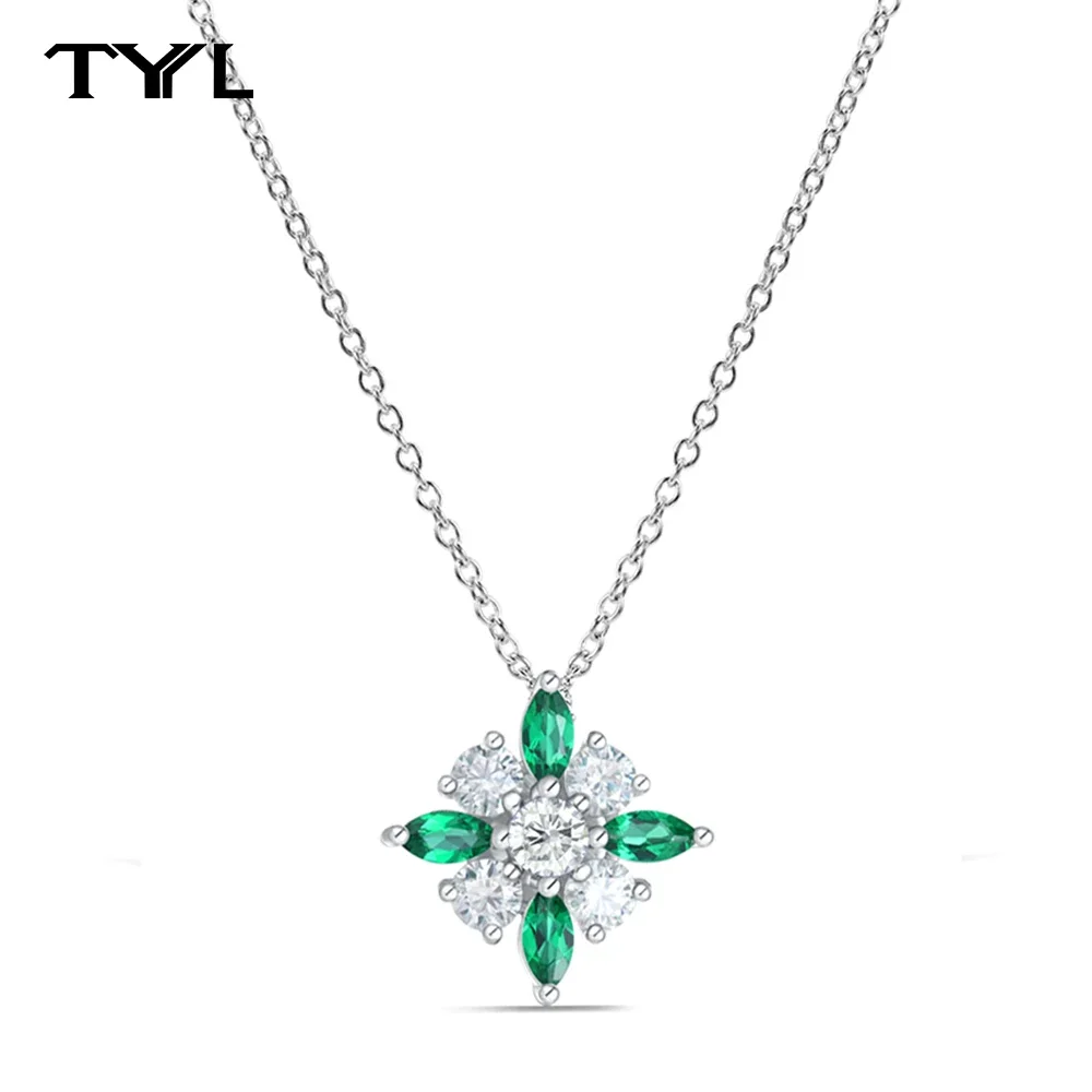 

TYYL 925 Pure Silver Moissanite Necklace Inlaid Lab Grown Emerald Girl Flower Pendant Earring Women Clavicle Chain Jewelry Set