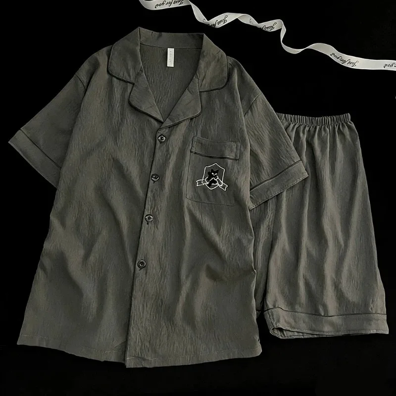 

Мужской пижамный комплект больших размеров с вышивкой кошки, с коротким рукавом, летний, новый, в корейском стиле, прохладный, простой, мягкий