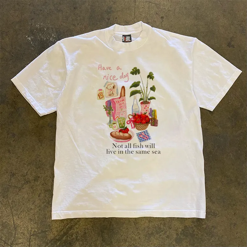 Pure Cotton Double Thread Loose Fit Short Sleeve T-Shirt Unisex Breathable Comfortable American Retro Style for Couples