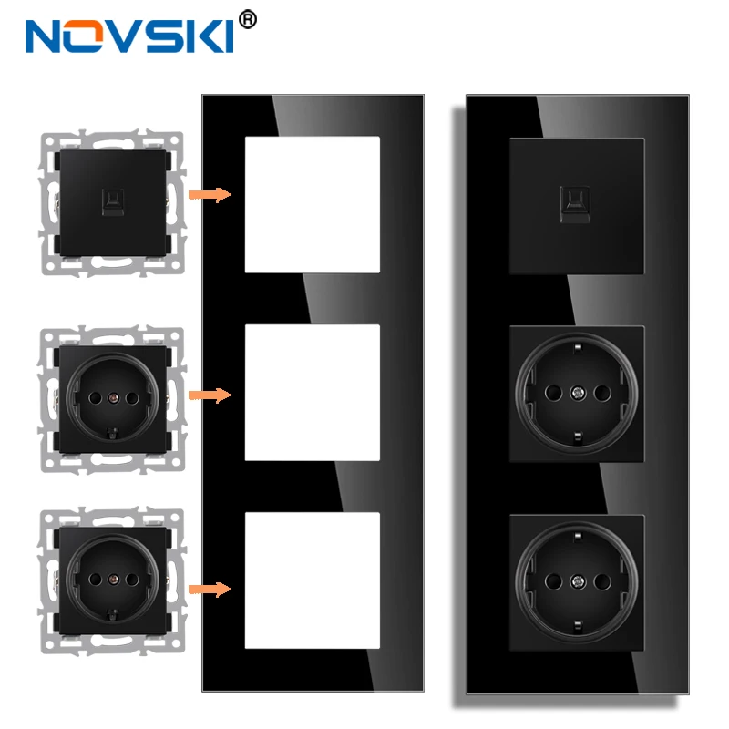 Novski Panel de vidrio templado interruptor de luz LED, enchufe de pared europeo y francés, USB, TV, RJ45, RJ11, módulo de interruptor de sensor DIY