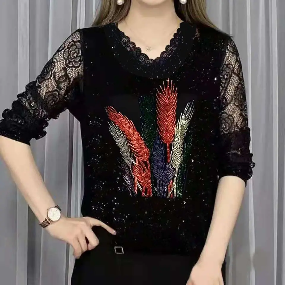 Spring Autumn New Long Sleeved V-neck Bottoming Shirt Fashion Mother's Top Women's Diamond Tshirt M-4XL